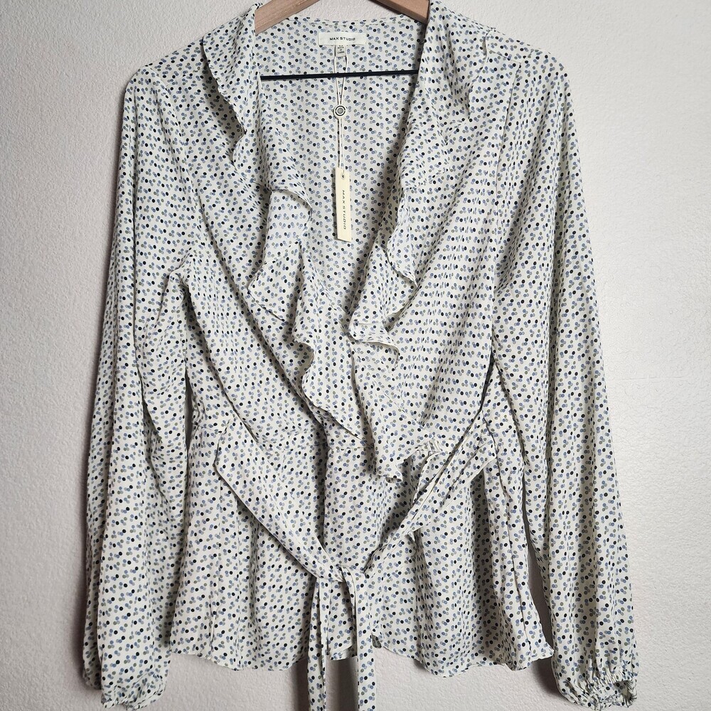 Max Studio Blouse Womens Medium White Polka Dot Ruffle Wrap Tie Waist Top